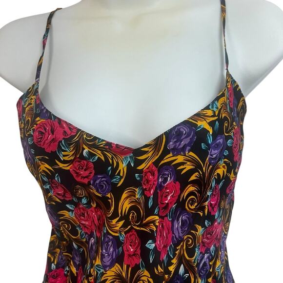 100% Silk Vintage Red & Purple Roses, Mini Length Slip Sundress, Size Medium NEW - Picture 3 of 8